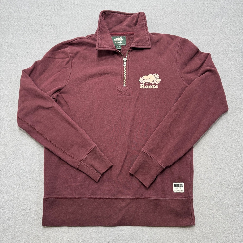 Roots Canada Sweatshirt Men's Medium Burgundy Fleece Lined Quarter Zip Pullover